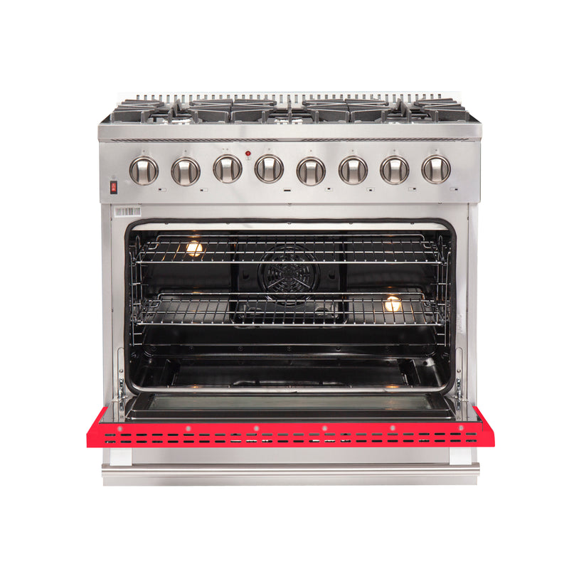 Forno Galiano 36" Freestanding Dual Fuel Range in Stainless Steel with Red Door, 6 Sealed Burners, True Convection, FFSGS6156-36RED