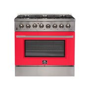 Forno Galiano 36" Freestanding Dual Fuel Range in Stainless Steel with Red Door, 6 Sealed Burners, True Convection, FFSGS6156-36RED