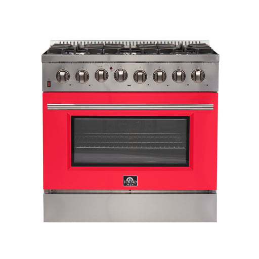 Forno Galiano 36" Freestanding Dual Fuel Range in Stainless Steel with Red Door, 6 Sealed Burners, True Convection, FFSGS6156-36RED