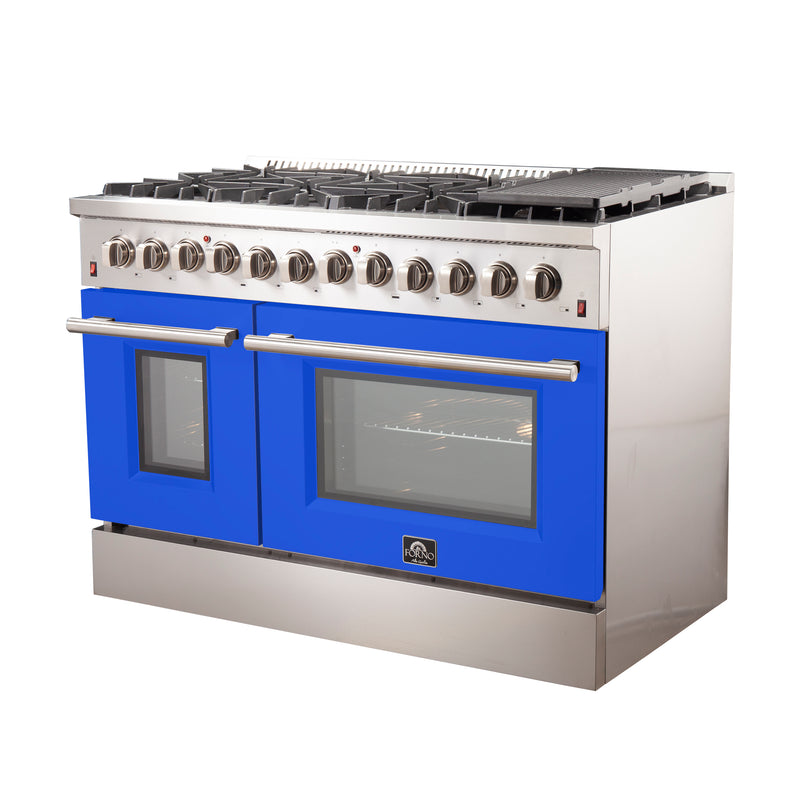 Forno Galiano 48" Freestanding Dual Fuel Range in Stainless Steel with Blue Door, 8 Sealed Burners, Double Oven, Griddle, FFSGS6156-48BLU