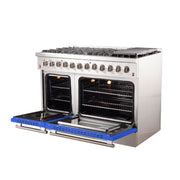 Forno Galiano 48" Freestanding Dual Fuel Range in Stainless Steel with Blue Door, 8 Sealed Burners, Double Oven, Griddle, FFSGS6156-48BLU