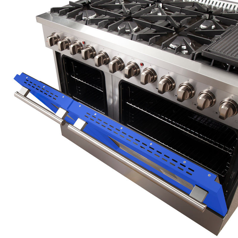 Forno Galiano 48" Freestanding Dual Fuel Range in Stainless Steel with Blue Door, 8 Sealed Burners, Double Oven, Griddle, FFSGS6156-48BLU