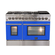 Forno Galiano 48" Freestanding Dual Fuel Range in Stainless Steel with Blue Door, 8 Sealed Burners, Double Oven, Griddle, FFSGS6156-48BLU