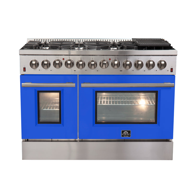 Forno Galiano 48" Freestanding Dual Fuel Range in Stainless Steel with Blue Door, 8 Sealed Burners, Double Oven, Griddle, FFSGS6156-48BLU