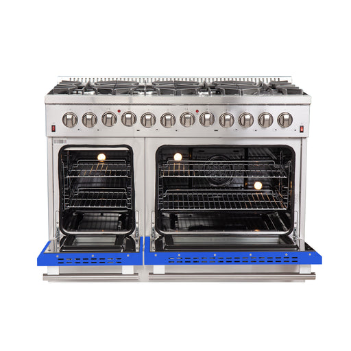 Forno Galiano 48" Freestanding Dual Fuel Range in Stainless Steel with Blue Door, 8 Sealed Burners, Double Oven, Griddle, FFSGS6156-48BLU