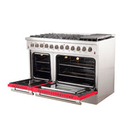 Forno Galiano 48" Freestanding Dual Fuel Range in Stainless Steel with Red Door, 8 Sealed Burners, Double Oven, Griddle, FFSGS6156-48RED