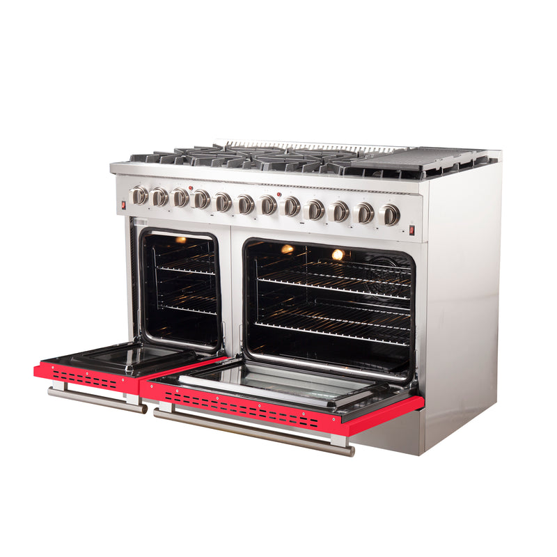 Forno Galiano 48" Freestanding Dual Fuel Range in Stainless Steel with Red Door, 8 Sealed Burners, Double Oven, Griddle, FFSGS6156-48RED