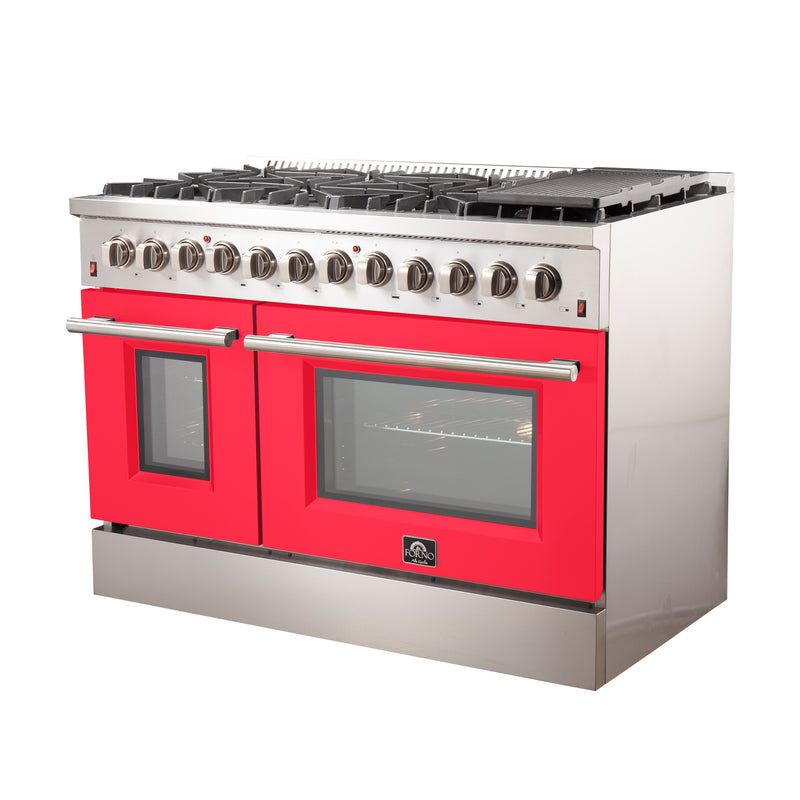 Forno Galiano 48" Freestanding Dual Fuel Range in Stainless Steel with Red Door, 8 Sealed Burners, Double Oven, Griddle, FFSGS6156-48RED