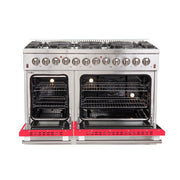 Forno Galiano 48" Freestanding Dual Fuel Range in Stainless Steel with Red Door, 8 Sealed Burners, Double Oven, Griddle, FFSGS6156-48RED