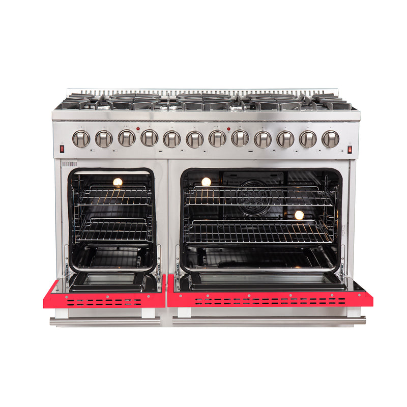 Forno Galiano 48" Freestanding Dual Fuel Range in Stainless Steel with Red Door, 8 Sealed Burners, Double Oven, Griddle, FFSGS6156-48RED
