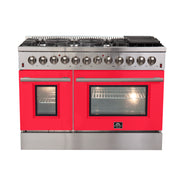 Forno Galiano 48" Freestanding Dual Fuel Range in Stainless Steel with Red Door, 8 Sealed Burners, Double Oven, Griddle, FFSGS6156-48RED