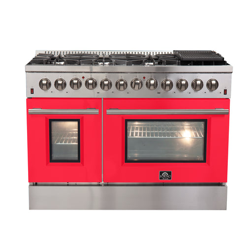 Forno Galiano 48" Freestanding Dual Fuel Range in Stainless Steel with Red Door, 8 Sealed Burners, Double Oven, Griddle, FFSGS6156-48RED