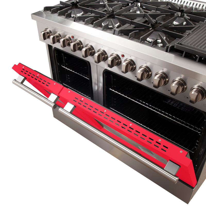 Forno Galiano 48" Freestanding Dual Fuel Range in Stainless Steel with Red Door, 8 Sealed Burners, Double Oven, Griddle, FFSGS6156-48RED