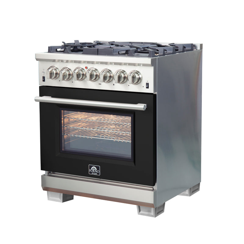 Forno Capriasca 30" Freestanding Dual Fuel Range in Stainless Steel with Black Door, 5 Brass Burners, True Convection, Cast-Iron Grates, FFSGS6187-30BLK