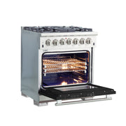 Forno Capriasca 30" Freestanding Dual Fuel Range in Stainless Steel with Black Door, 5 Brass Burners, True Convection, Cast-Iron Grates, FFSGS6187-30BLK