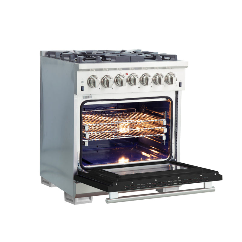 Forno Capriasca 30" Freestanding Dual Fuel Range in Stainless Steel with Black Door, 5 Brass Burners, True Convection, Cast-Iron Grates, FFSGS6187-30BLK