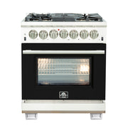 Forno Capriasca 30" Freestanding Dual Fuel Range in Stainless Steel with Black Door, 5 Brass Burners, True Convection, Cast-Iron Grates, FFSGS6187-30BLK