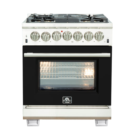 Forno Capriasca 30" Freestanding Dual Fuel Range in Stainless Steel with Black Door, 5 Brass Burners, True Convection, Cast-Iron Grates, FFSGS6187-30BLK