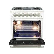 Forno Capriasca 30" Freestanding Dual Fuel Range in Stainless Steel with Black Door, 5 Brass Burners, True Convection, Cast-Iron Grates, FFSGS6187-30BLK