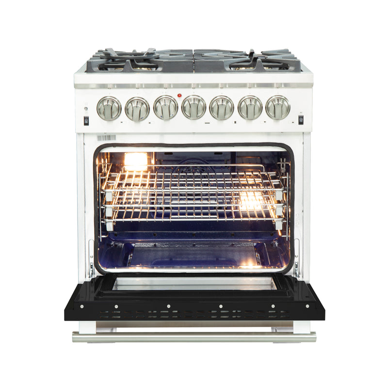 Forno Capriasca 30" Freestanding Dual Fuel Range in Stainless Steel with Black Door, 5 Brass Burners, True Convection, Cast-Iron Grates, FFSGS6187-30BLK