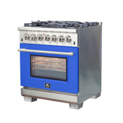Forno Capriasca 30" Freestanding Dual Fuel Range in Stainless Steel with Blue Door, 5 Brass Burners, True Convection, Cast-Iron Grates, FFSGS6187-30BLU