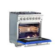 Forno Capriasca 30" Freestanding Dual Fuel Range in Stainless Steel with Blue Door, 5 Brass Burners, True Convection, Cast-Iron Grates, FFSGS6187-30BLU