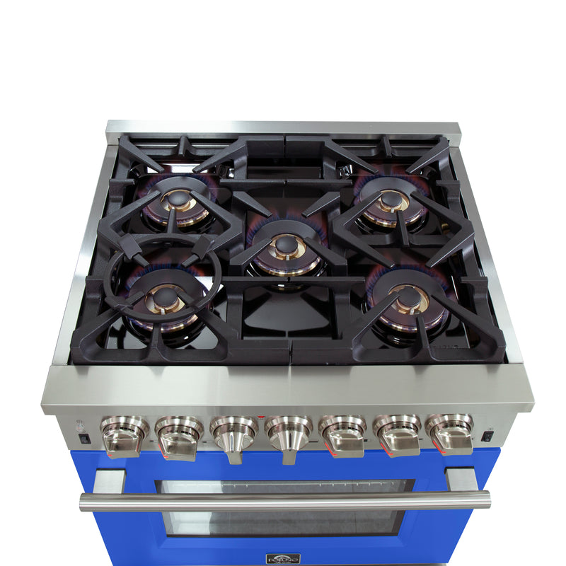 Forno Capriasca 30" Freestanding Dual Fuel Range in Stainless Steel with Blue Door, 5 Brass Burners, True Convection, Cast-Iron Grates, FFSGS6187-30BLU