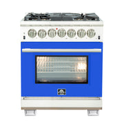 Forno Capriasca 30" Freestanding Dual Fuel Range in Stainless Steel with Blue Door, 5 Brass Burners, True Convection, Cast-Iron Grates, FFSGS6187-30BLU