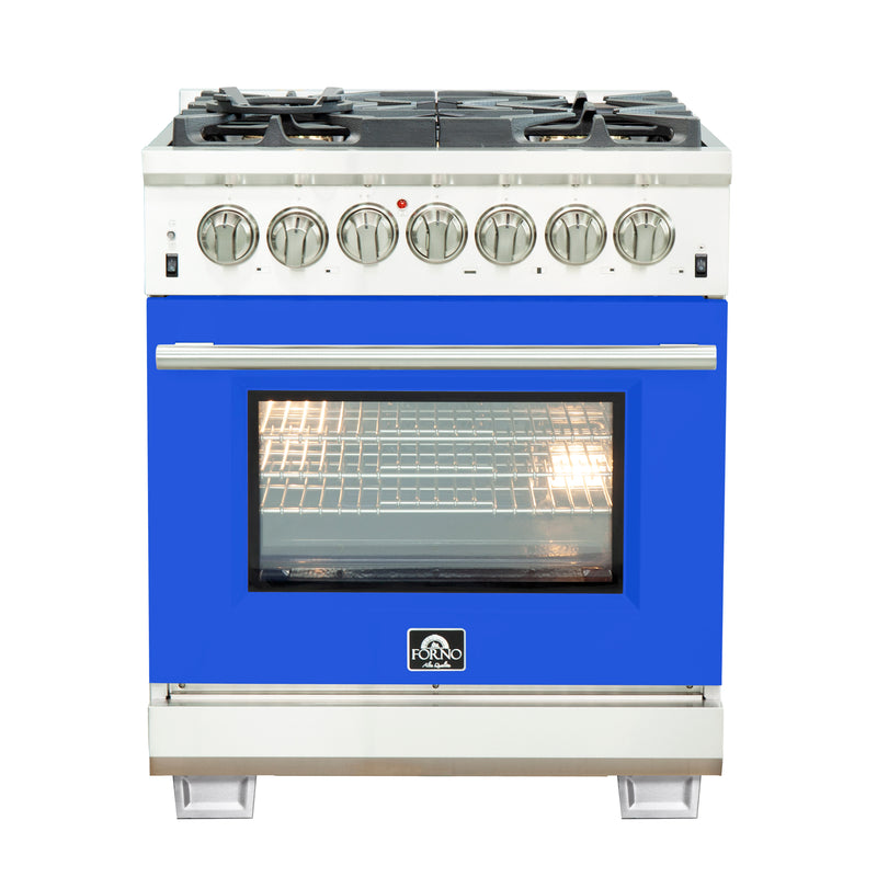 Forno Capriasca 30" Freestanding Dual Fuel Range in Stainless Steel with Blue Door, 5 Brass Burners, True Convection, Cast-Iron Grates, FFSGS6187-30BLU