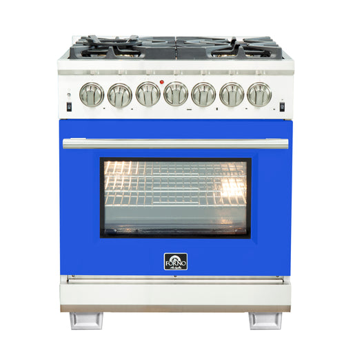Forno Capriasca 30" Freestanding Dual Fuel Range in Stainless Steel with Blue Door, 5 Brass Burners, True Convection, Cast-Iron Grates, FFSGS6187-30BLU