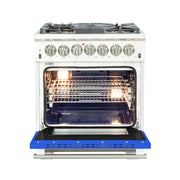 Forno Capriasca 30" Freestanding Dual Fuel Range in Stainless Steel with Blue Door, 5 Brass Burners, True Convection, Cast-Iron Grates, FFSGS6187-30BLU