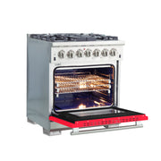 Forno Capriasca 30" Freestanding Dual Fuel Range in Stainless Steel with Red Door, 5 Brass Burners, True Convection, Cast-Iron Grates, FFSGS6187-30RED
