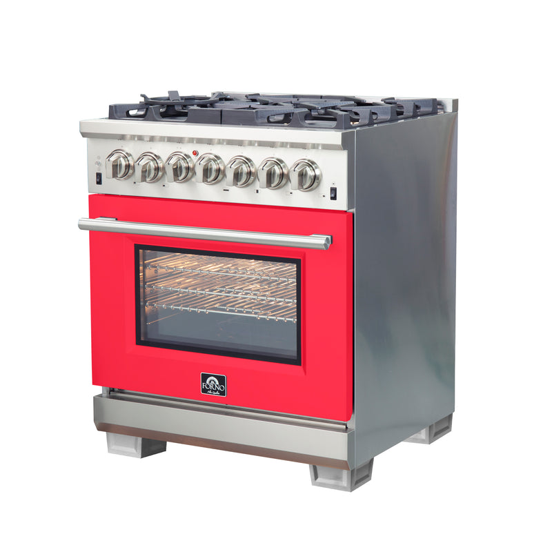 Forno Capriasca 30" Freestanding Dual Fuel Range in Stainless Steel with Red Door, 5 Brass Burners, True Convection, Cast-Iron Grates, FFSGS6187-30RED