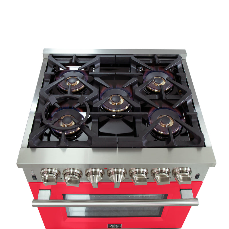 Forno Capriasca 30" Freestanding Dual Fuel Range in Stainless Steel with Red Door, 5 Brass Burners, True Convection, Cast-Iron Grates, FFSGS6187-30RED
