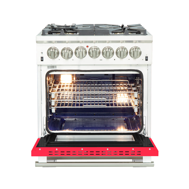 Forno Capriasca 30" Freestanding Dual Fuel Range in Stainless Steel with Red Door, 5 Brass Burners, True Convection, Cast-Iron Grates, FFSGS6187-30RED