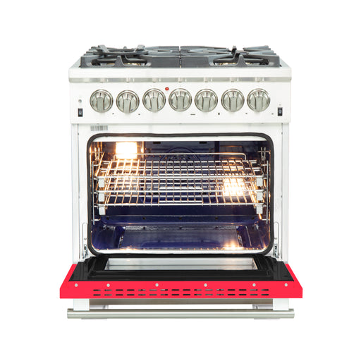 Forno Capriasca 30" Freestanding Dual Fuel Range in Stainless Steel with Red Door, 5 Brass Burners, True Convection, Cast-Iron Grates, FFSGS6187-30RED