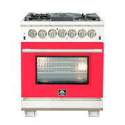 Forno Capriasca 30" Freestanding Dual Fuel Range in Stainless Steel with Red Door, 5 Brass Burners, True Convection, Cast-Iron Grates, FFSGS6187-30RED