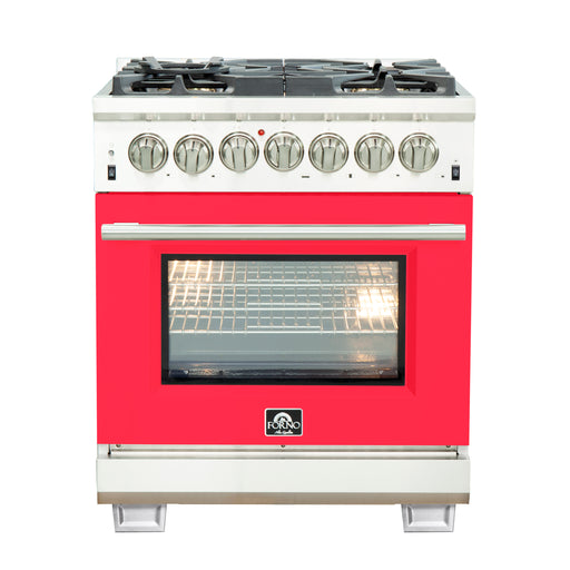 Forno Capriasca 30" Freestanding Dual Fuel Range in Stainless Steel with Red Door, 5 Brass Burners, True Convection, Cast-Iron Grates, FFSGS6187-30RED