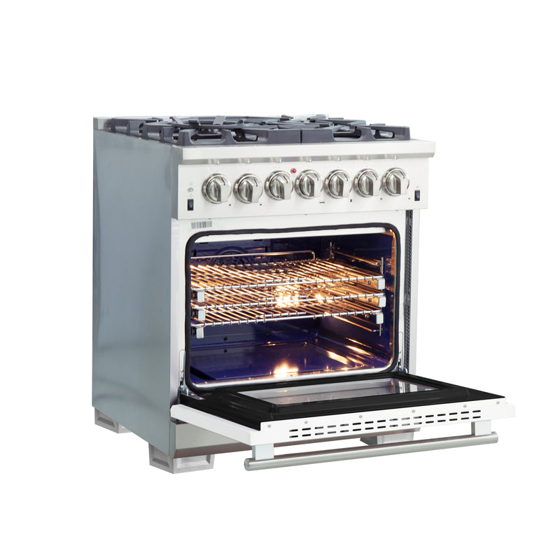 Forno Capriasca 30" Freestanding Dual Fuel Range in in Stainless Steel with White Door, 5 Brass Burners, True Convection, Cast-Iron Grates, FFSGS6187-30WHT