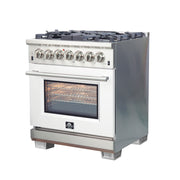 Forno Capriasca 30" Freestanding Dual Fuel Range in in Stainless Steel with White Door, 5 Brass Burners, True Convection, Cast-Iron Grates, FFSGS6187-30WHT