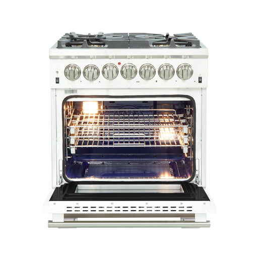Forno Capriasca 30" Freestanding Dual Fuel Range in in Stainless Steel with White Door, 5 Brass Burners, True Convection, Cast-Iron Grates, FFSGS6187-30WHT