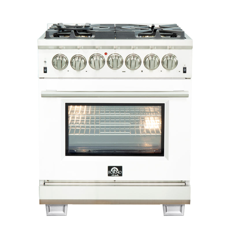 Forno Capriasca 30" Freestanding Dual Fuel Range in in Stainless Steel with White Door, 5 Brass Burners, True Convection, Cast-Iron Grates, FFSGS6187-30WHT