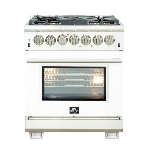 Forno Capriasca 30" Freestanding Dual Fuel Range in in Stainless Steel with White Door, 5 Brass Burners, True Convection, Cast-Iron Grates, FFSGS6187-30WHT