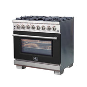 Forno Capriasca 36" Freestanding Dual Fuel Range in Stainless Steel with Black Door, 6 Brass Burners, True Convection, Cast-Iron Grates, FFSGS6187-36BLK