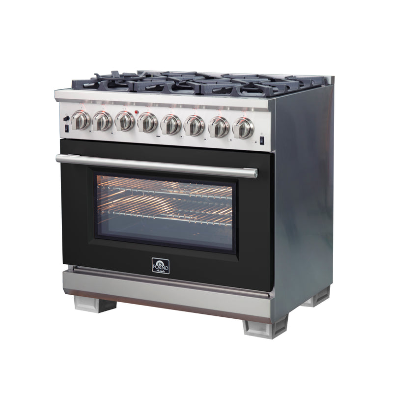 Forno Capriasca 36" Freestanding Dual Fuel Range in Stainless Steel with Black Door, 6 Brass Burners, True Convection, Cast-Iron Grates, FFSGS6187-36BLK