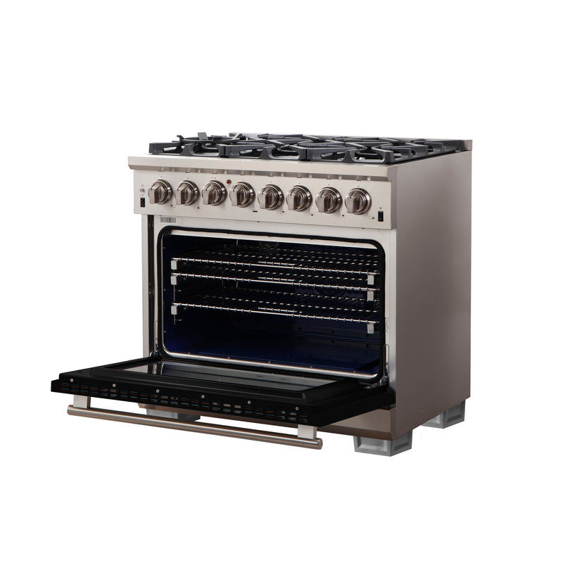 Forno Capriasca 36" Freestanding Dual Fuel Range in Stainless Steel with Black Door, 6 Brass Burners, True Convection, Cast-Iron Grates, FFSGS6187-36BLK