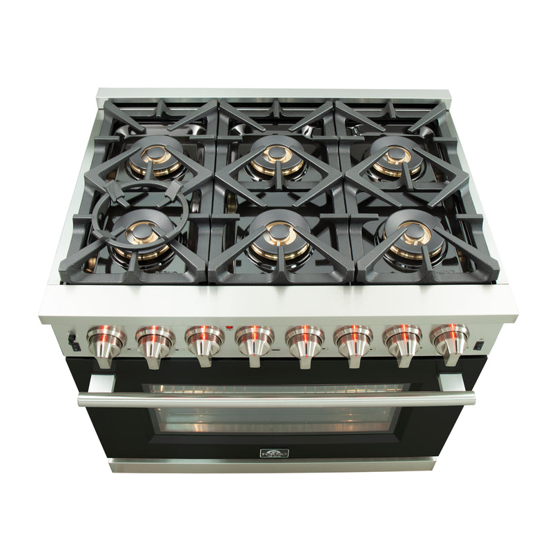 Forno Capriasca 36" Freestanding Dual Fuel Range in Stainless Steel with Black Door, 6 Brass Burners, True Convection, Cast-Iron Grates, FFSGS6187-36BLK