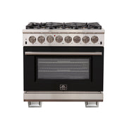 Forno Capriasca 36" Freestanding Dual Fuel Range in Stainless Steel with Black Door, 6 Brass Burners, True Convection, Cast-Iron Grates, FFSGS6187-36BLK