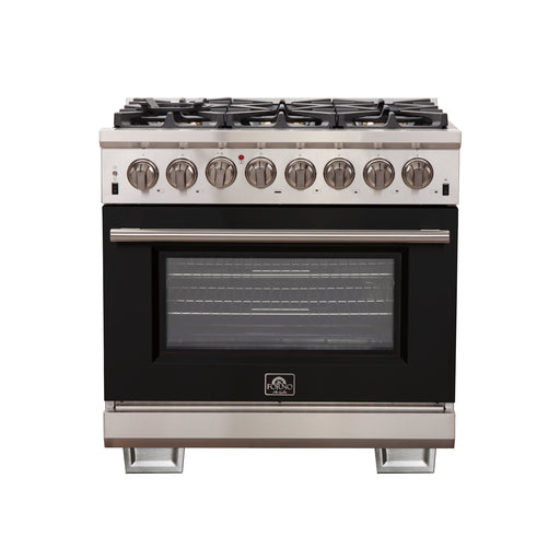 Forno Capriasca 36" Freestanding Dual Fuel Range in Stainless Steel with Black Door, 6 Brass Burners, True Convection, Cast-Iron Grates, FFSGS6187-36BLK