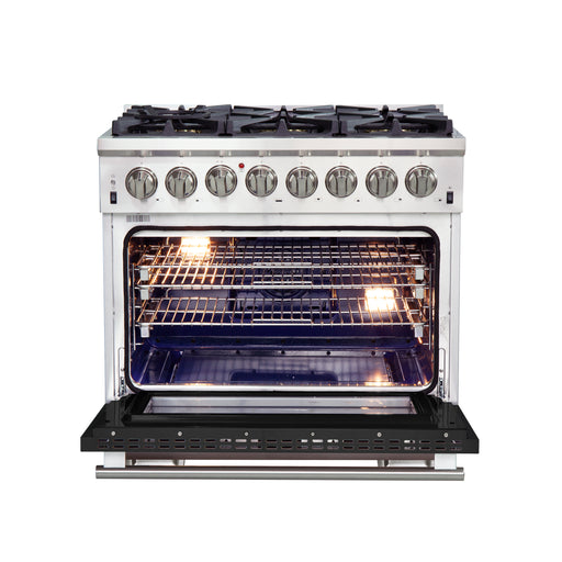 Forno Capriasca 36" Freestanding Dual Fuel Range in Stainless Steel with Black Door, 6 Brass Burners, True Convection, Cast-Iron Grates, FFSGS6187-36BLK